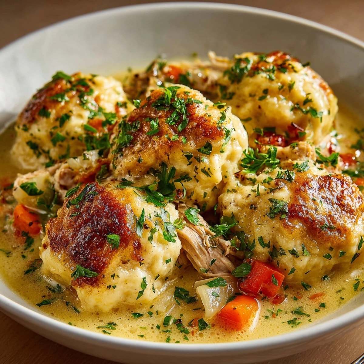 Southern Chicken & Dumpling Comfort Skillet served hot in a cast iron pan, creamy and hearty.
