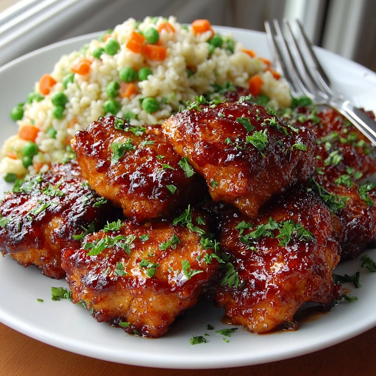 Tender Honey BBQ Chicken & Pilaf Express served steaming hot with fresh herbs garnish