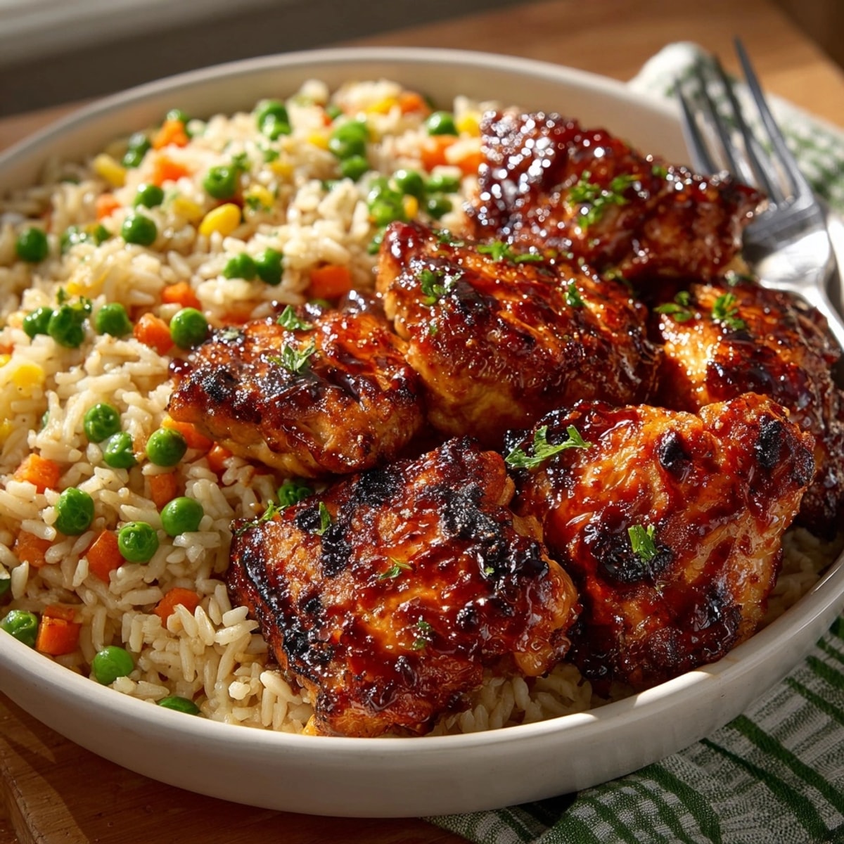 Golden brown Honey BBQ Chicken &amp; Pilaf Express ready for family dinner, bursting with flavor