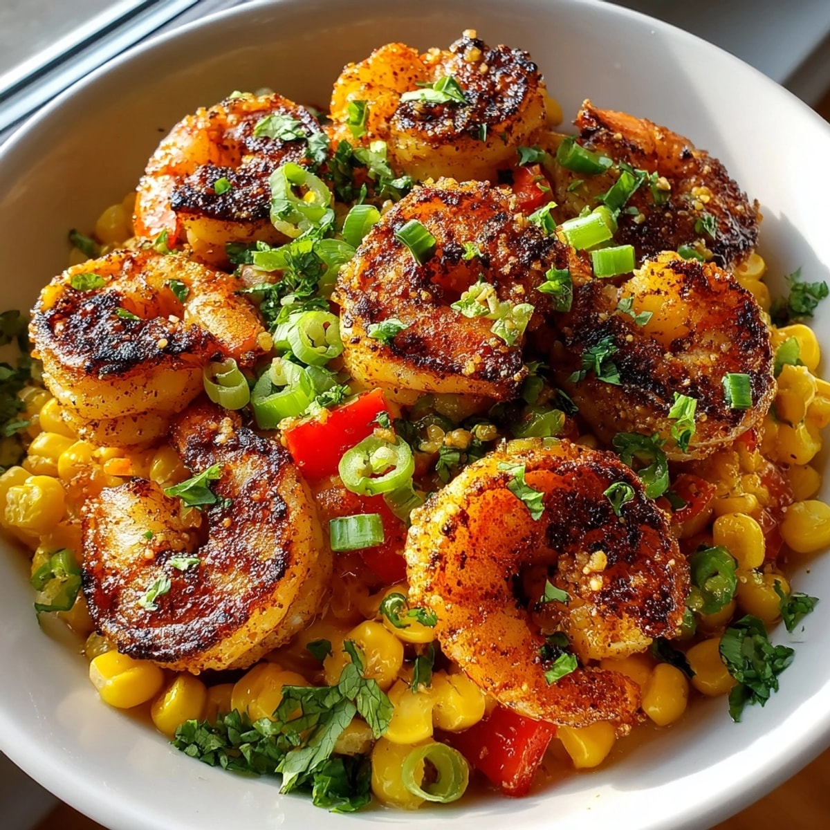Cajun Shrimp Skillet with Charred Corn sizzling in a cast iron pan, garnished with herbs