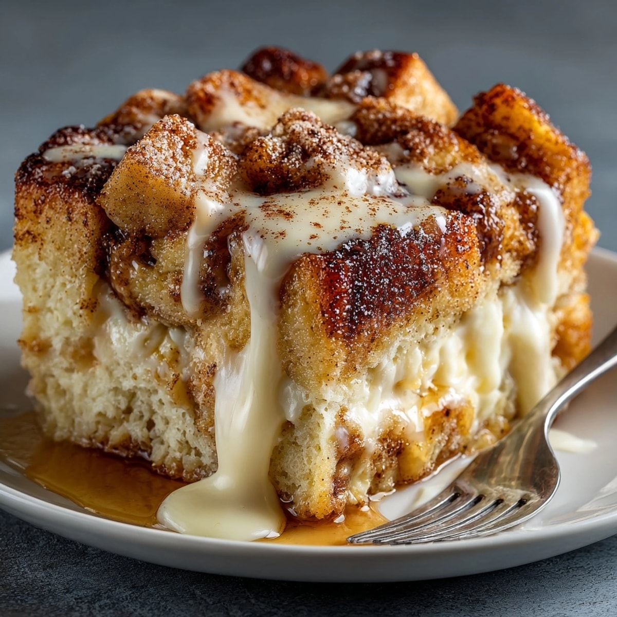 Cinnamon Roll French Toast Casserole served warm with gooey icing and golden baked edges