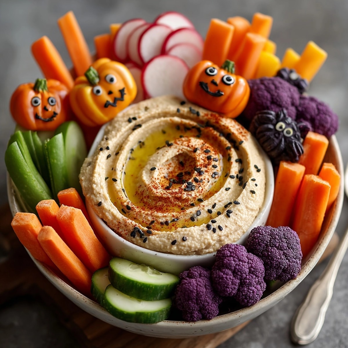 Creamy black bean hummus recipe with cut veggies shaped into spooky Halloween characters.
