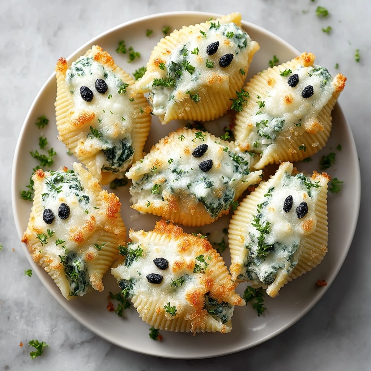 Creamy Halloween Stuffed Shells: Jumbo pasta filled with ricotta and spinach, then baked.
