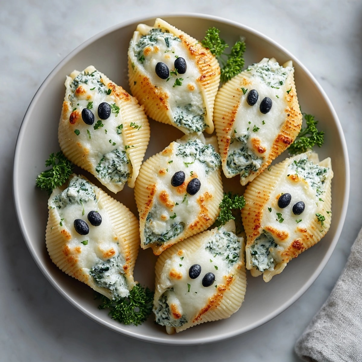 Savory Halloween Stuffed Shells: Al dente pasta shells with creamy spinach and ricotta.