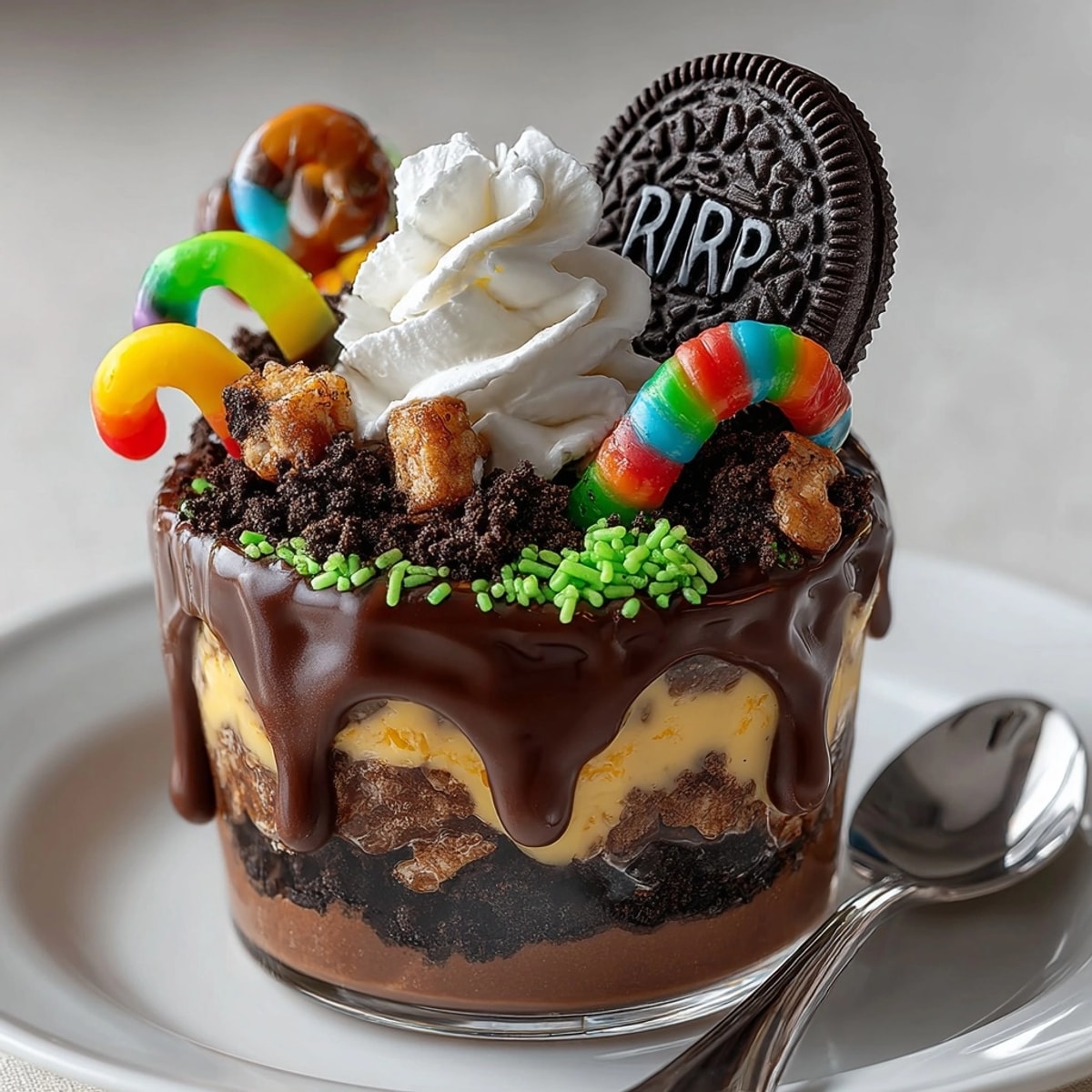 Delicious Haunted Graveyard Pudding Cups layered with chocolate pudding and crumbled cookie dirt.