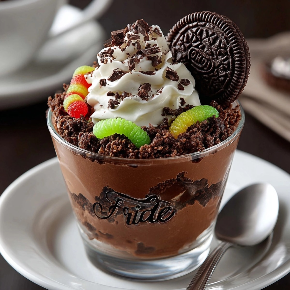 Spooky Halloween dessert: creamy Haunted Graveyard Pudding Cups with gummy worms crawling out!