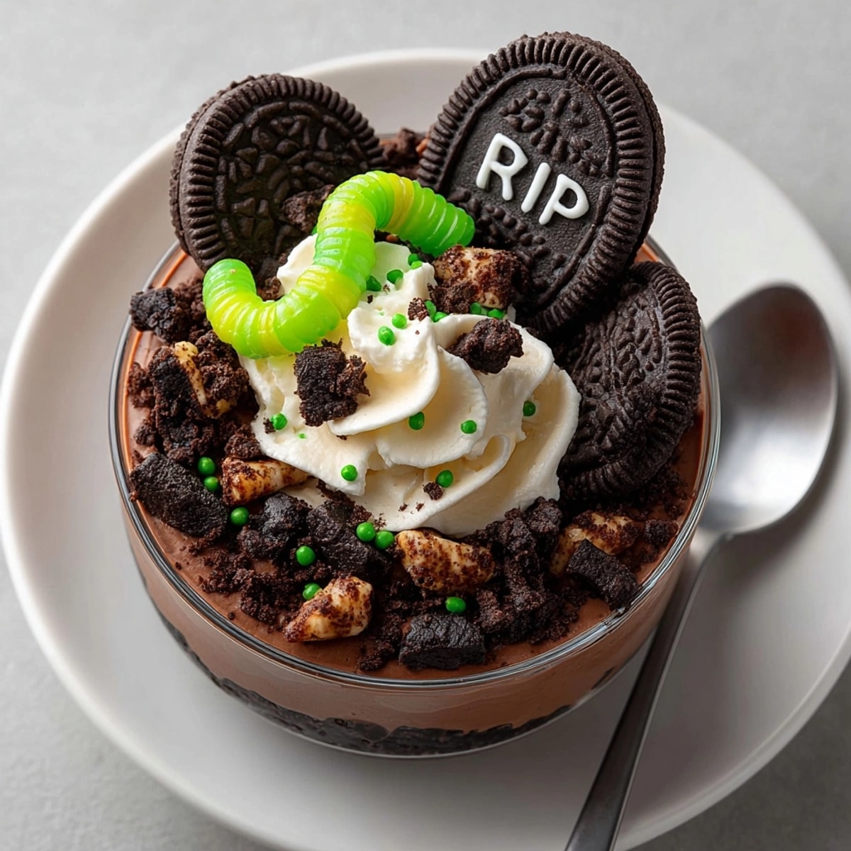 Easy no-bake Haunted Graveyard Pudding Cups recipe, adorned with tombstone cookies and whipped cream.
