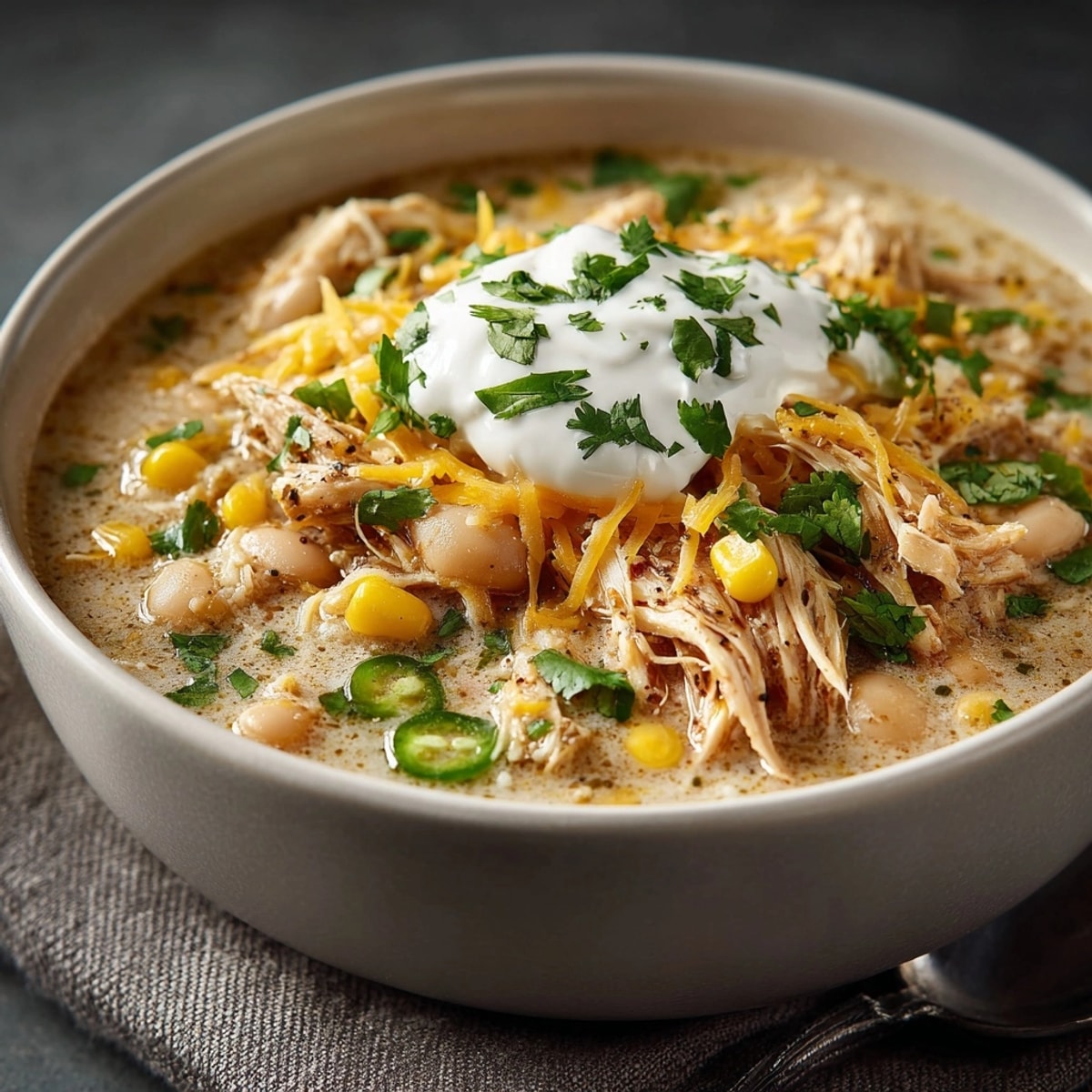 Creamy Ghostly White Chicken Chili simmers in pot, garnished with fresh cilantro.