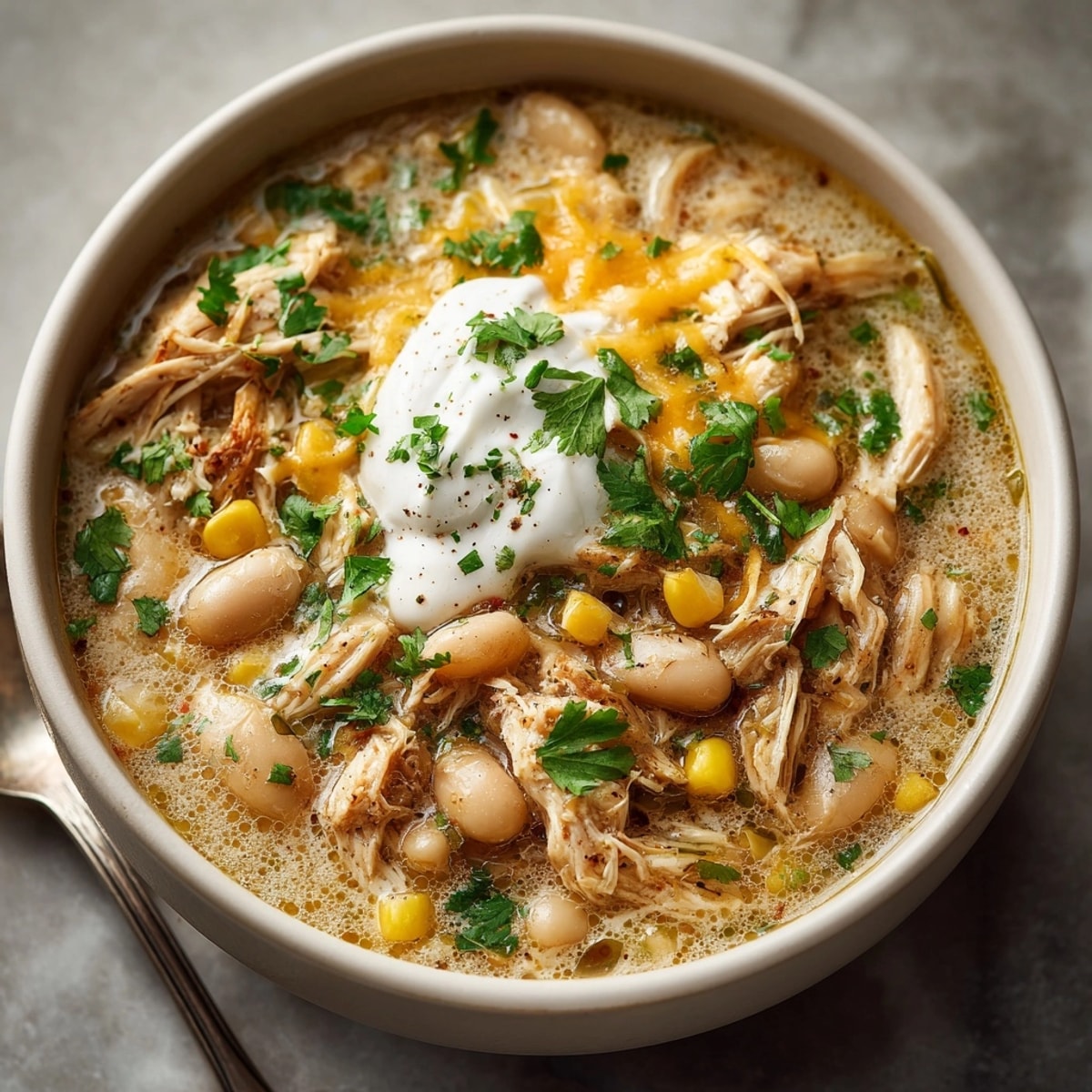 Close-up of Ghostly White Chicken Chili: tender chicken, beans visible throughout.