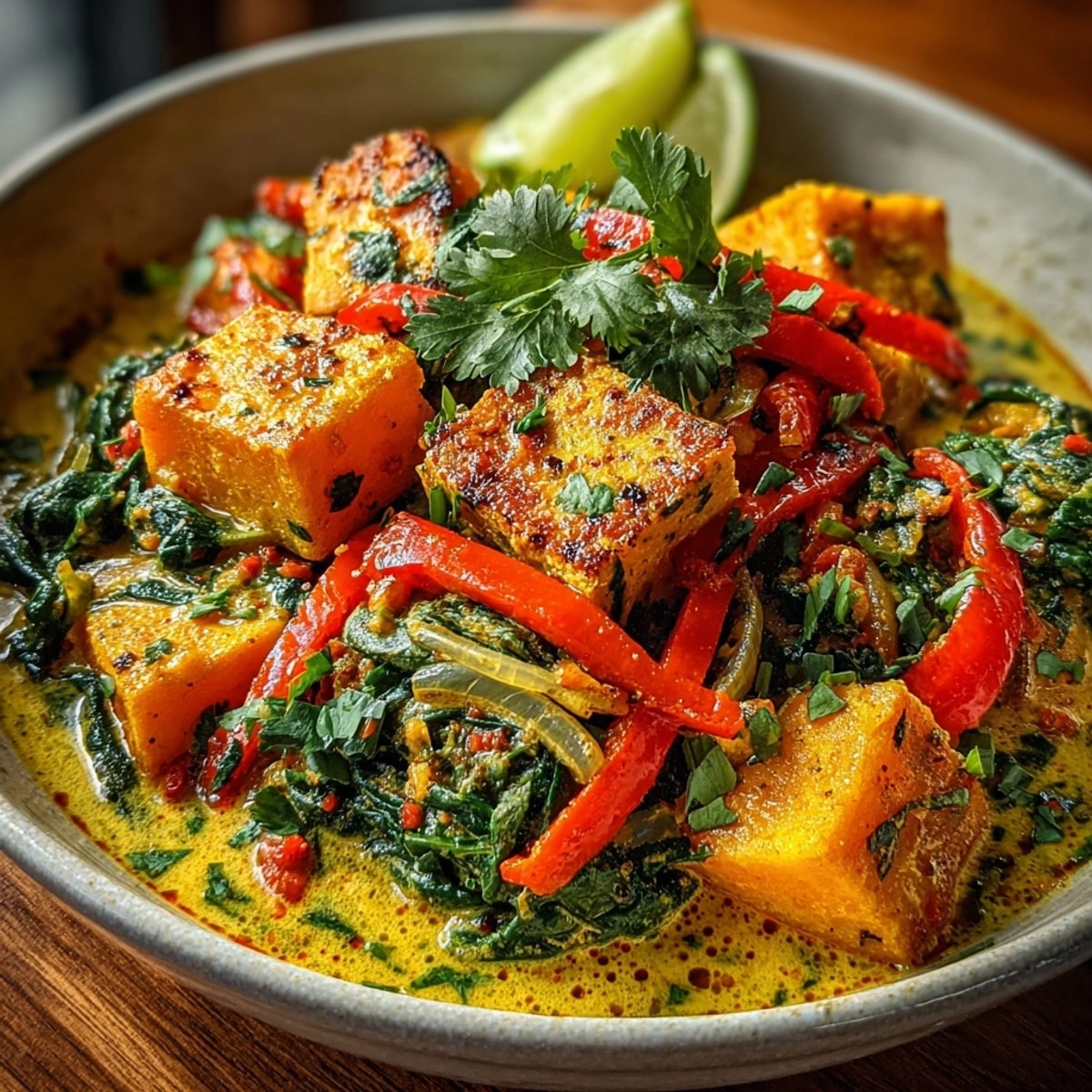 Close-up of golden, creamy vegan pumpkin curry simmering, garnished with fresh cilantro.