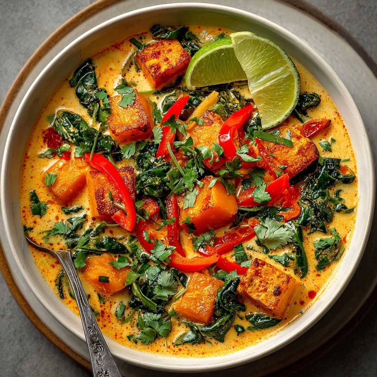 Delicious vegan pumpkin curry with coconut milk, ready to be enjoyed with fluffy rice.