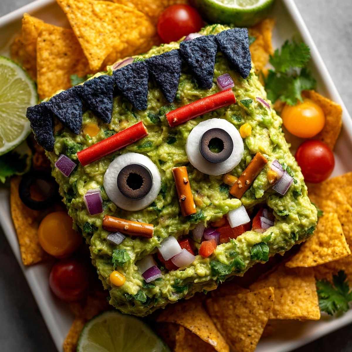 Close-up of spooky Frankenstein Guacamole with homemade tortilla chips, a creamy Halloween appetizer.