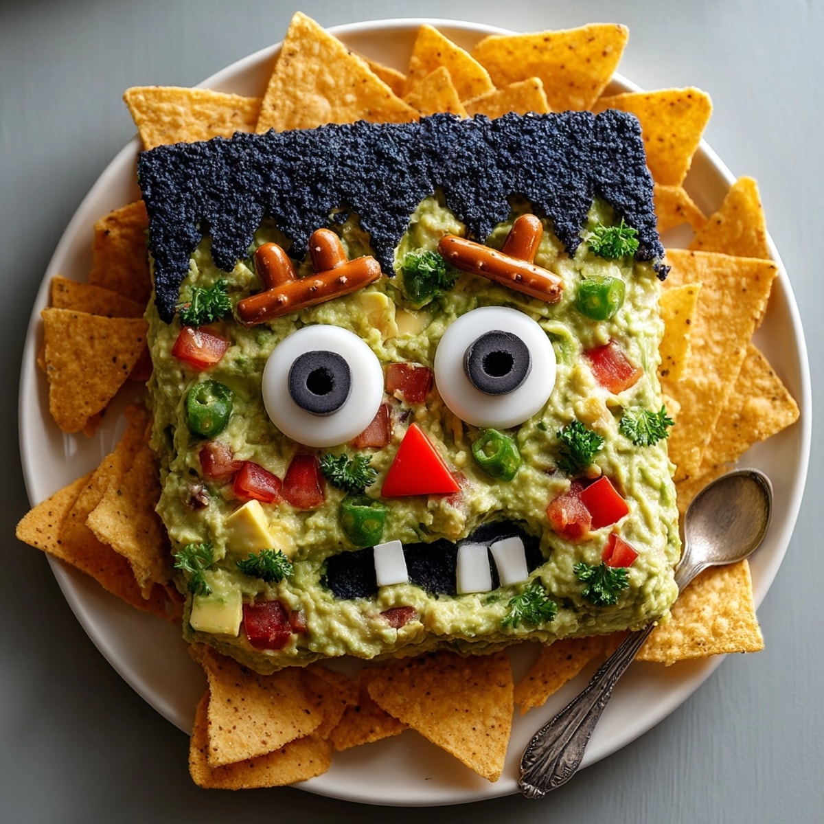 Frankenstein Guacamole recipe: festive, creamy avocado dip creatively decorated for a fun Halloween gathering.