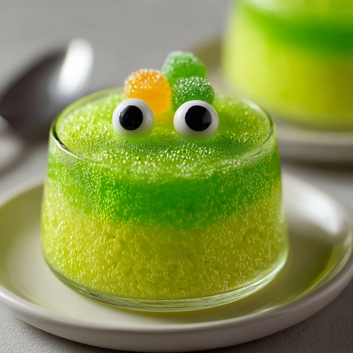 Close-up of neon Ectoplasm Slime Jello Cups, ready for a spooky Halloween dessert.