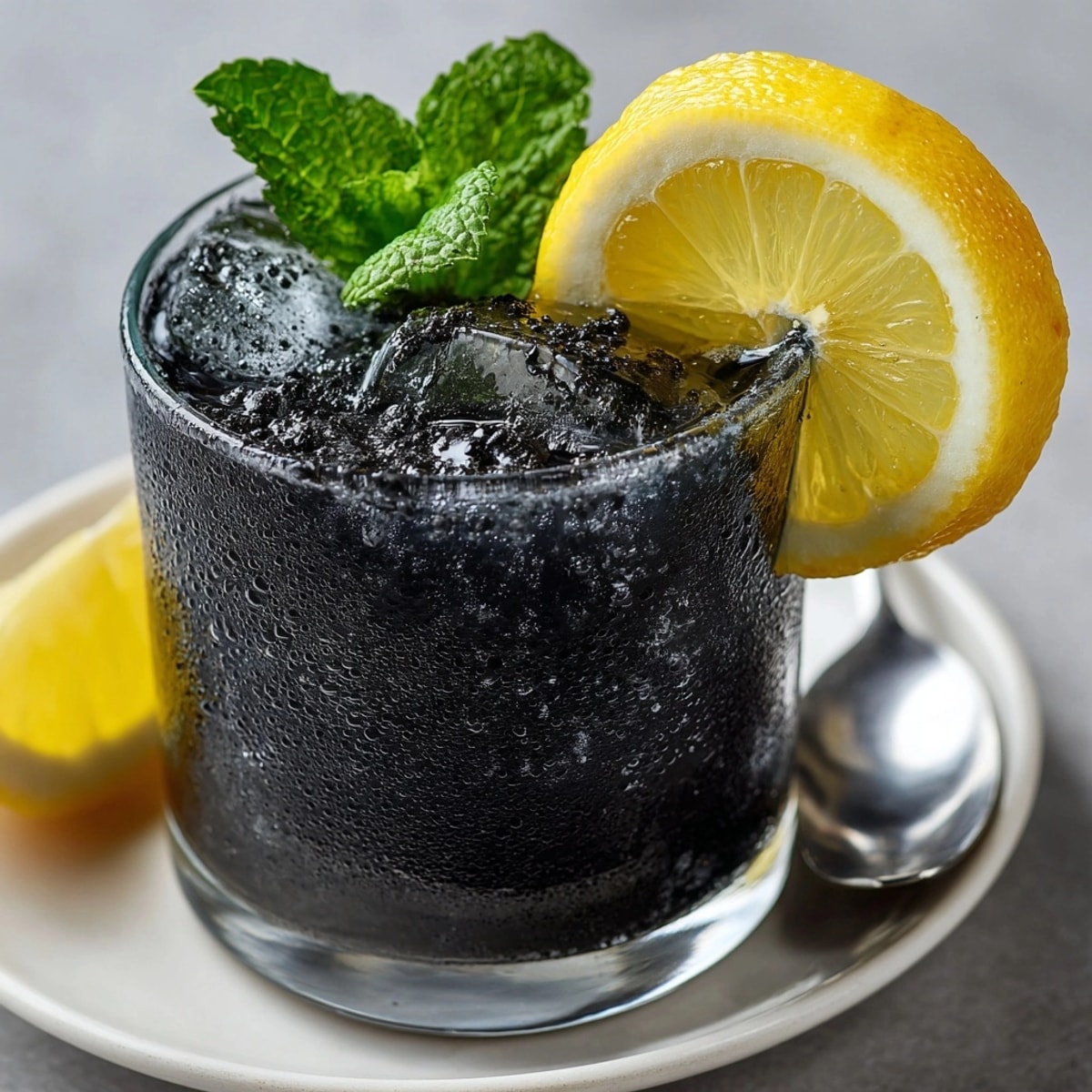 Vibrant Charcoal Lemonade, a striking black drink with lemon slice on the glass.