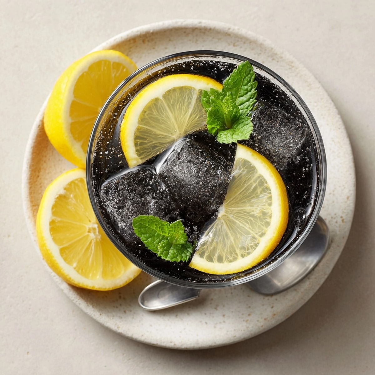 Refreshing homemade Charcoal Lemonade with activated charcoal, sweetened, and garnished with fresh mint.