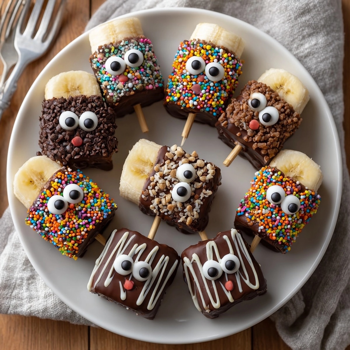 Delicious bite-sized Spooky Chocolate-Covered Banana Bites with candy eyes, a fun Halloween party treat.
