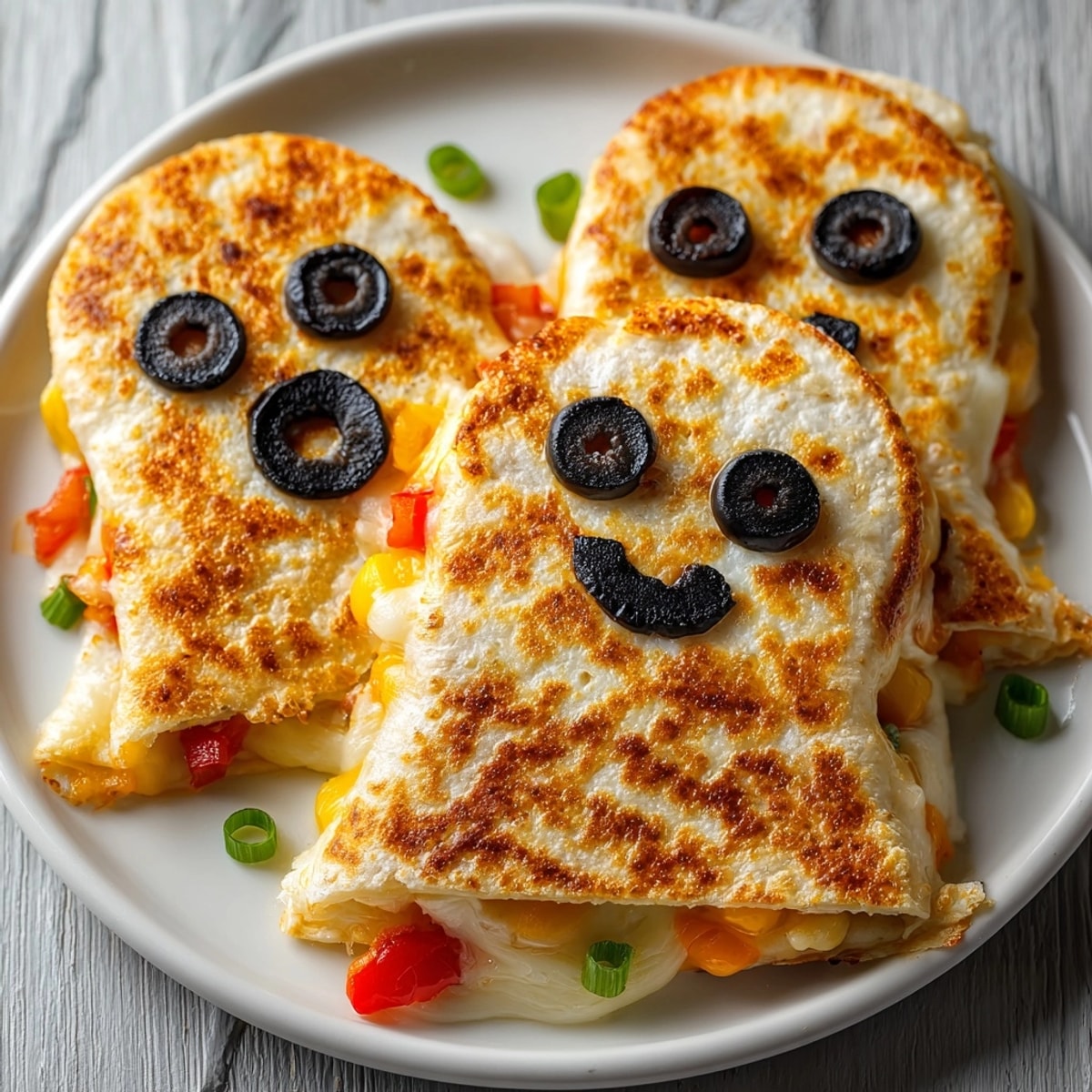 Golden ghost quesadillas oozing with cheese, baked until crispy, ready for spooky snacking.