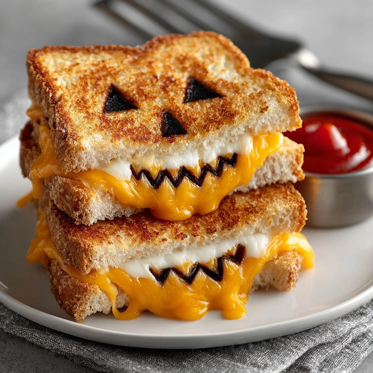 Golden Jack-o'-Lantern Grilled Cheese Sandwiches, warm cheddar oozing from carved bread faces.
