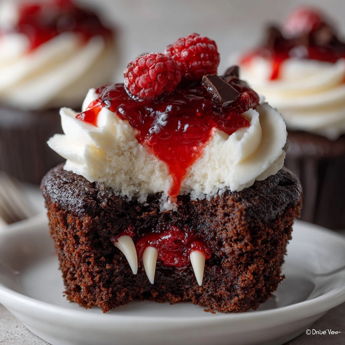 Rich Bloody Vampire Bite Cupcakes, raspberry oozing, vanilla frosting swirls, ready to eat!