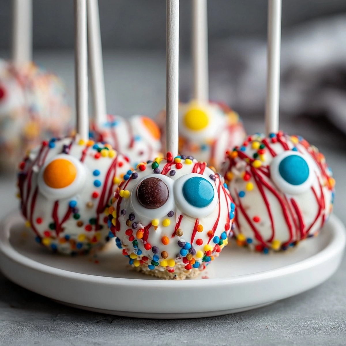 Delicious devil's food cake pop eyeballs: bite-sized spooky treats with colorful, painted irises.