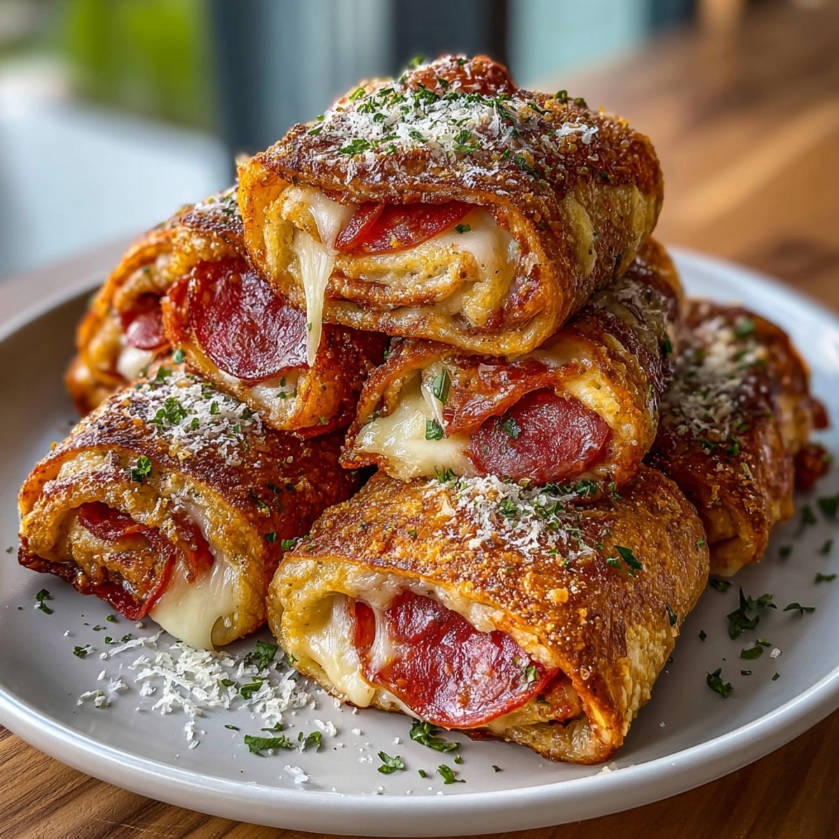 Golden brown, crispy Air Fryer Pizza Roll Ups, oozing with mozzarella cheese inside.