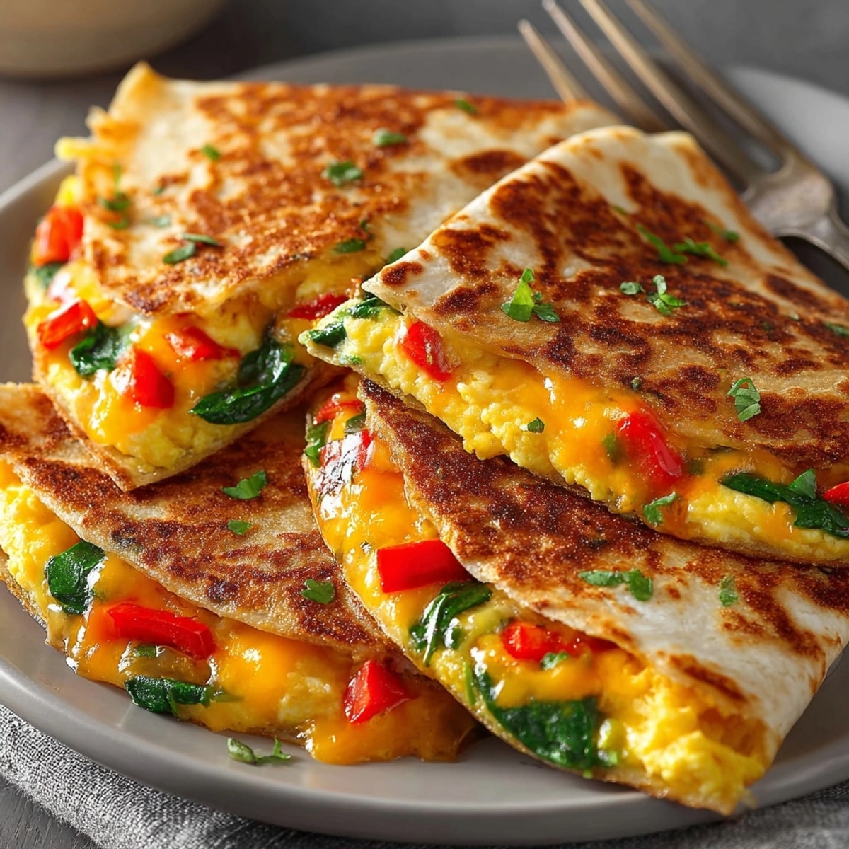 Elevated view of a sliced 5-minute breakfast quesadilla, steam rising, ready to eat now.