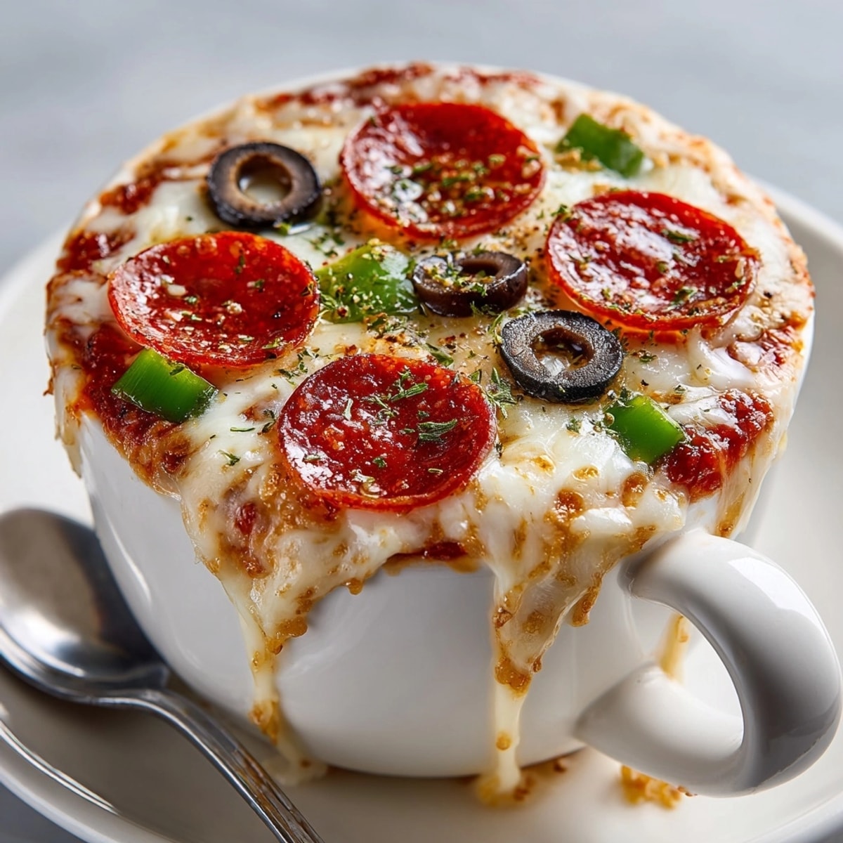 Golden cheese bubbling on a warm Microwave Mug Pizza, ready for quick enjoyment.