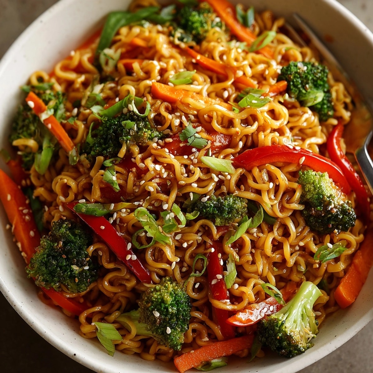Golden Budget Ramen Stir Fry piled high, glistening with savory sauce and colorful vegetables.