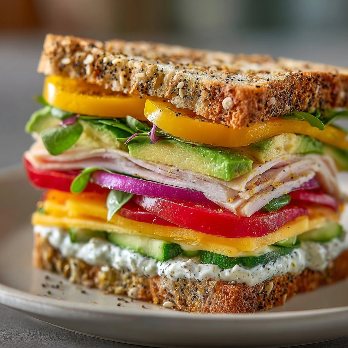 Enjoy this tasty halved Viral Bell Pepper Sandwich, with cheddar, fresh herbs, and seasonings.
