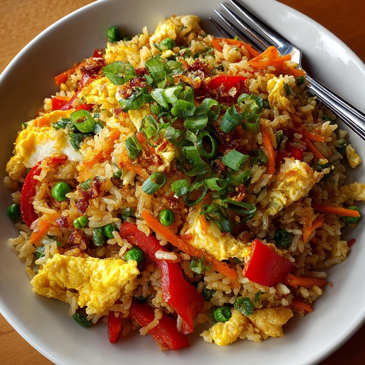 Golden One-Pan Egg Fried Rice: Fragrant, fluffy rice studded with colorful veggies and savory egg.