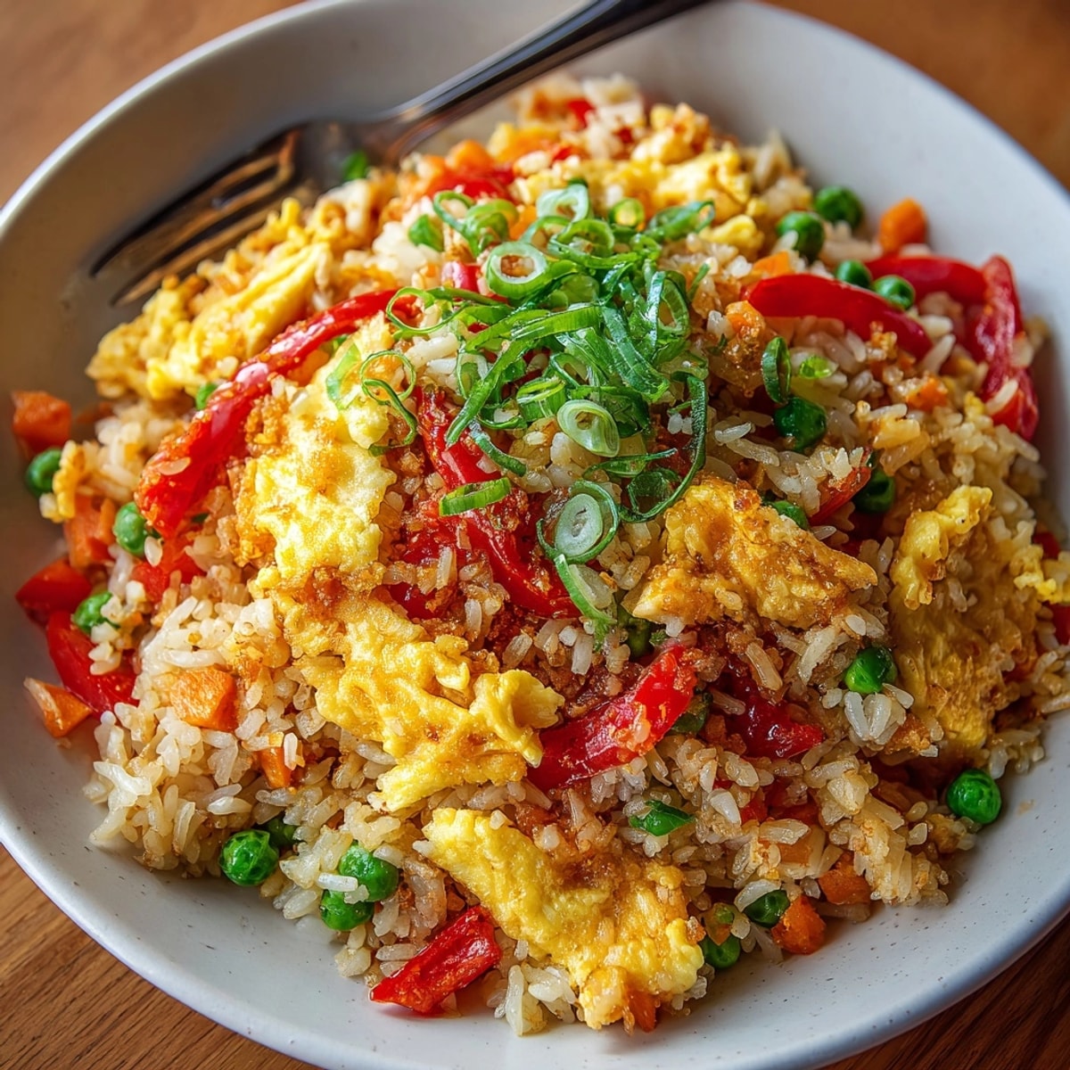 Quick and easy One-Pan Egg Fried Rice dinner: Day-old rice, fluffy eggs, vibrant vegetables.