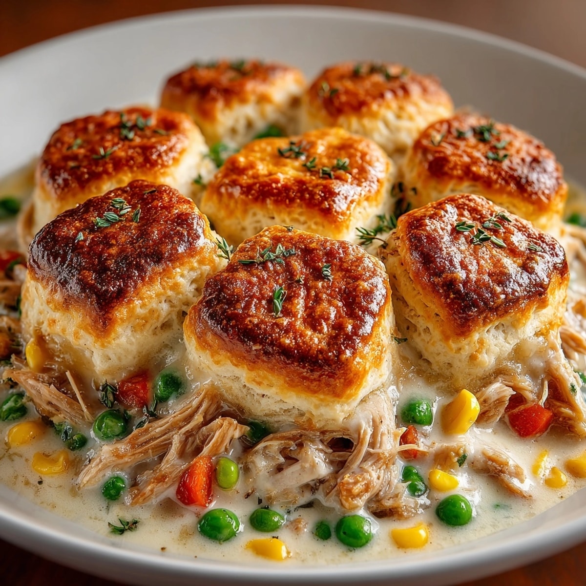 Golden, bubbly Lazy Chicken Pot Pie Casserole, fresh from the oven, ready to serve.