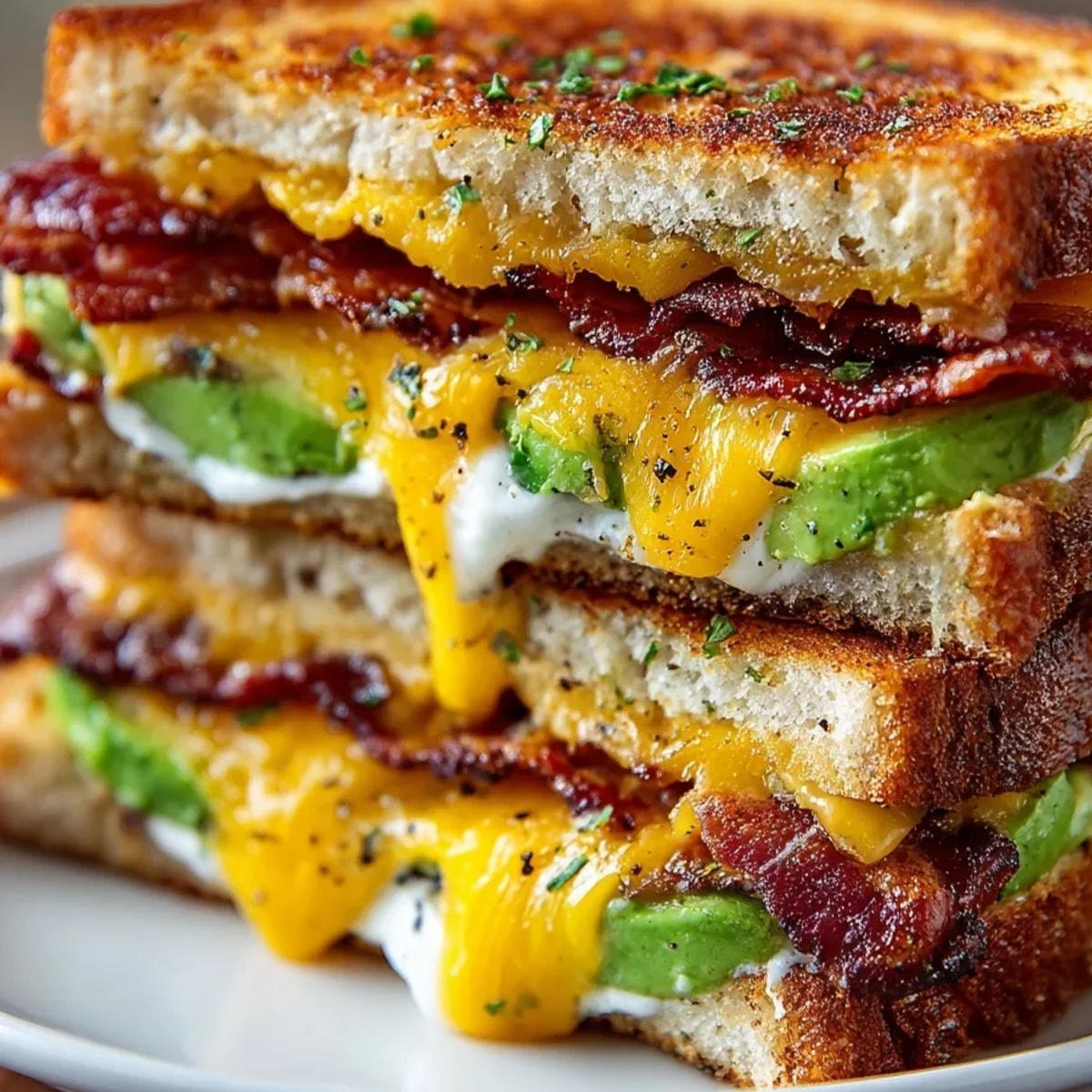 Golden Bacon Avocado Ranch Grilled Cheese oozing with melted cheddar, ready to be sliced.