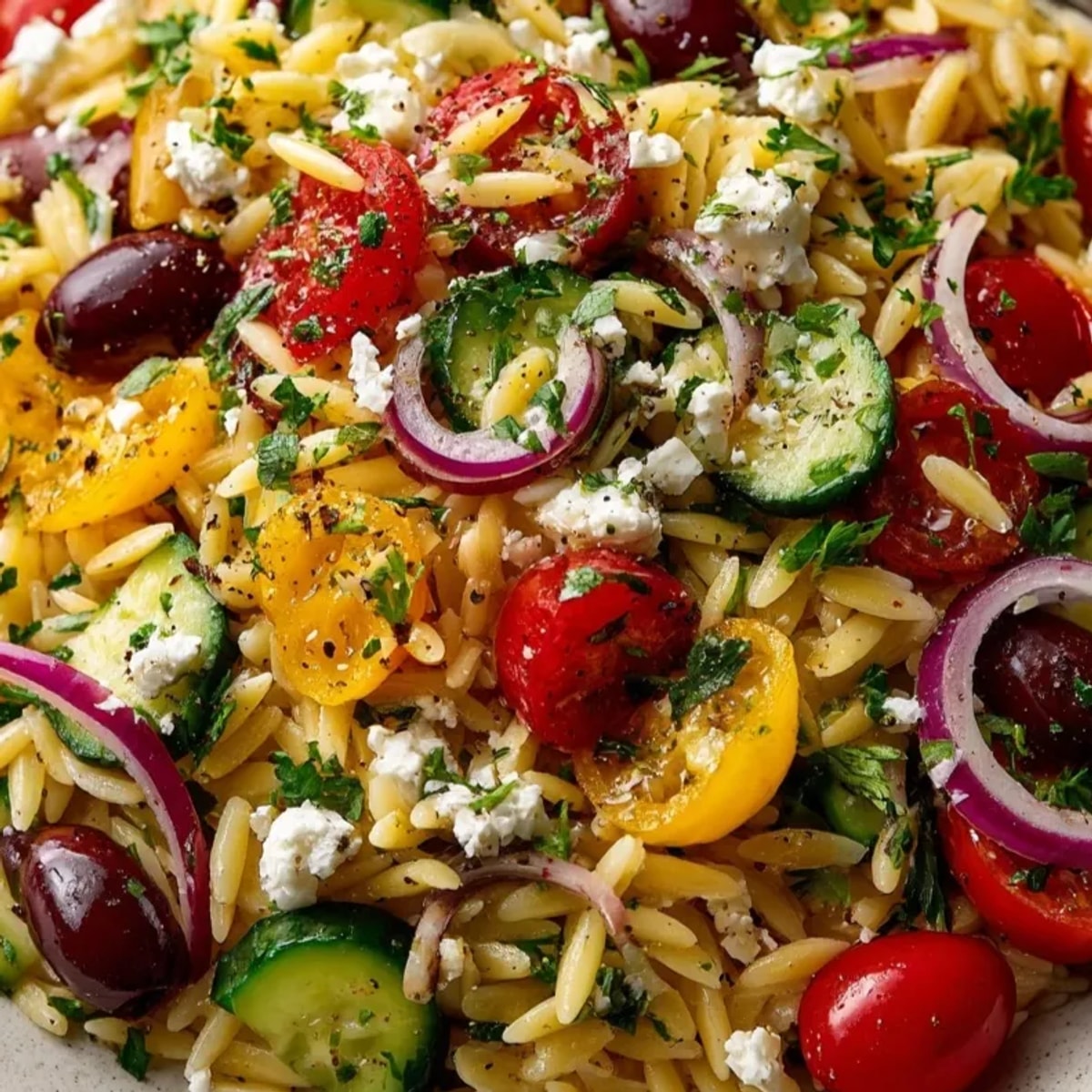 Bowl of Greek Orzo with Feta and Olives: a bright, herby, and refreshing side dish.