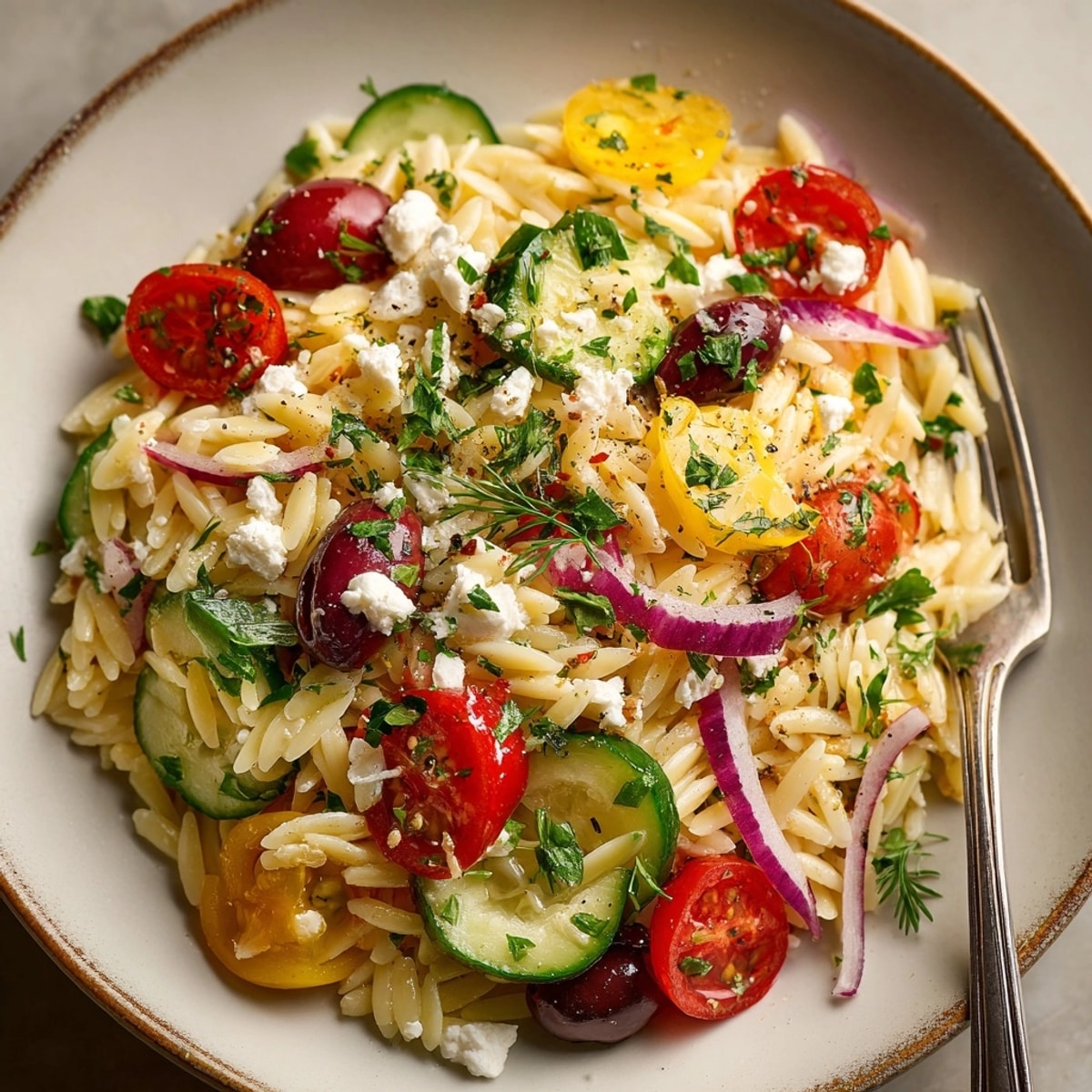 Creamy, cheesy Greek Orzo with Feta and Olives, ready to be enjoyed as a quick lunch.