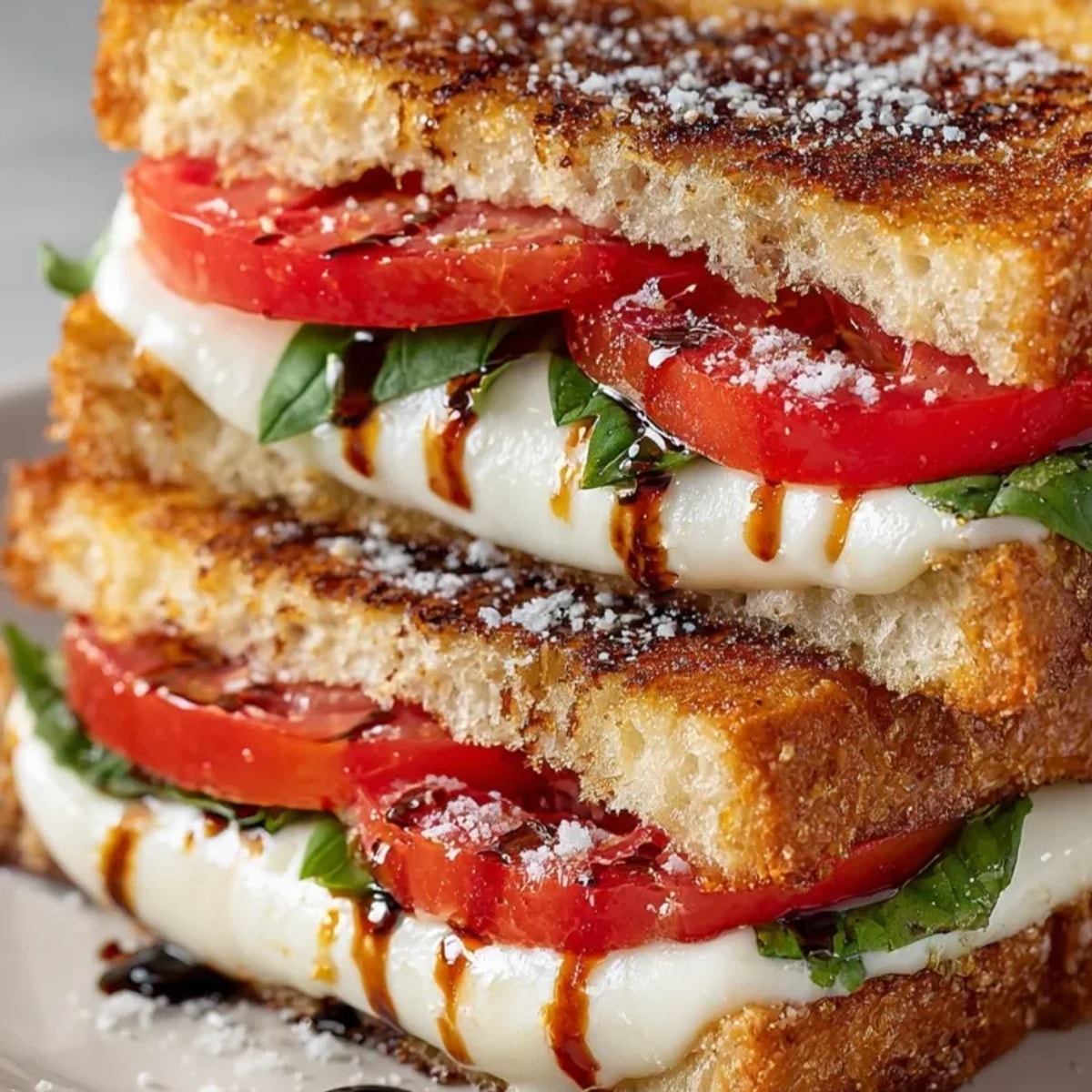 Golden Caprese Grilled Cheese with Balsamic, cheese melting, ready for a delicious bite.