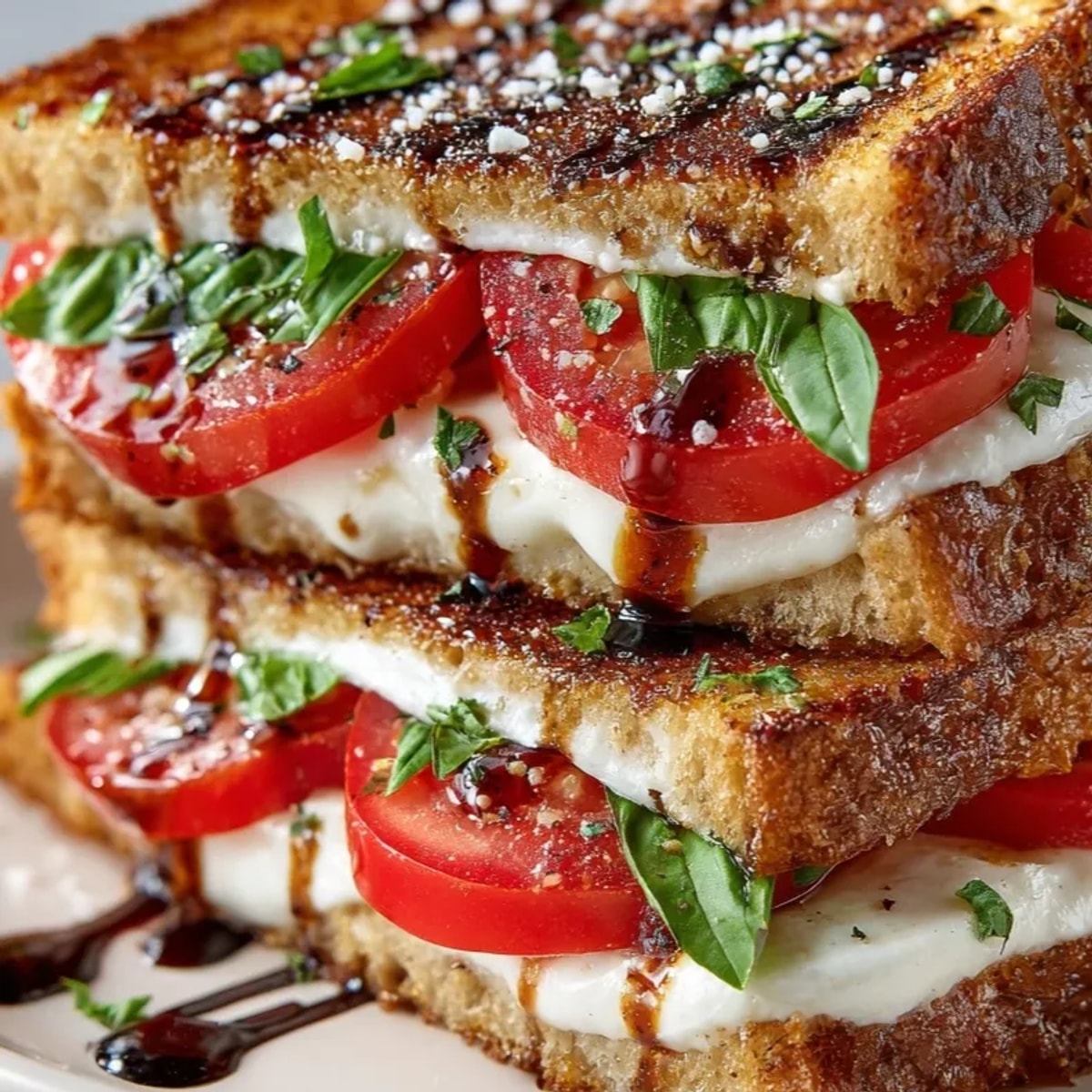 Warm, toasted Caprese Grilled Cheese sandwich drizzled with sweet balsamic glaze.