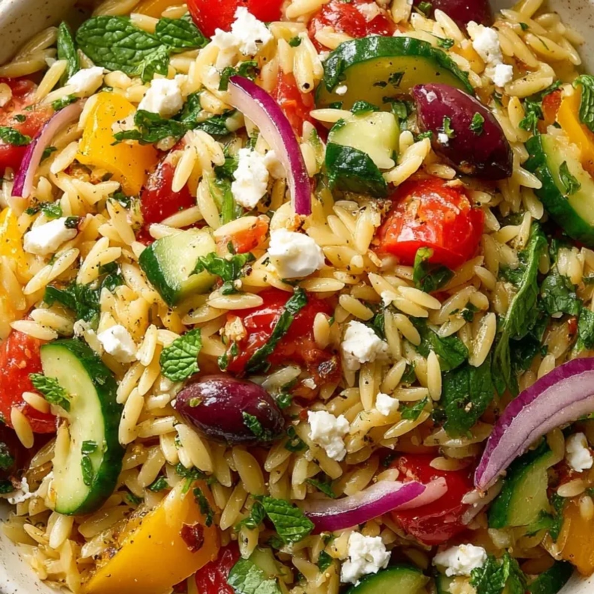 A vibrant Mediterranean Orzo Bowl, bursting with colorful veggies and a tangy lemon dressing.