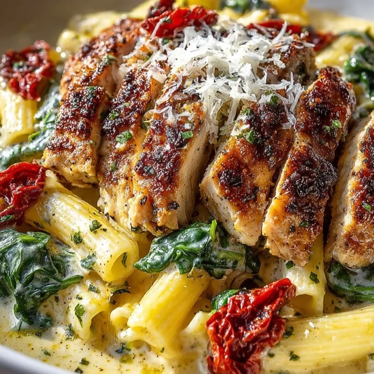 Creamy Tuscan Chicken Pasta: Golden chicken and penne swirled in rich, herbaceous cream sauce.