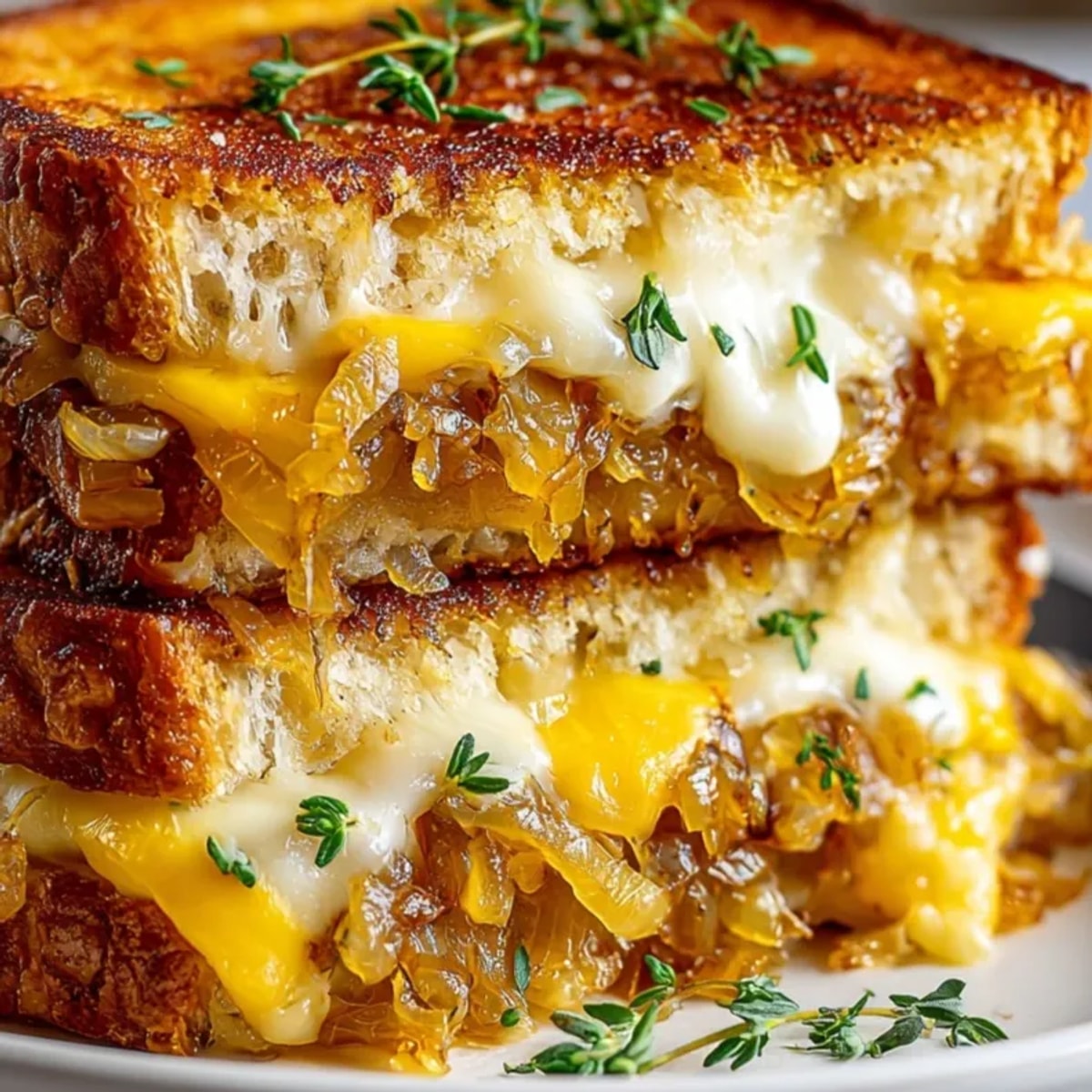 Golden French Onion Grilled Cheese oozing with Gruyère over caramelized onions.
