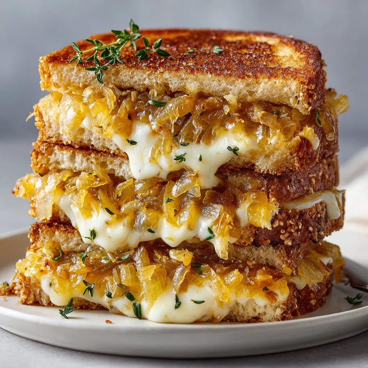Close-up of a warm French Onion Grilled Cheese, crisp perfection with cheese pull.