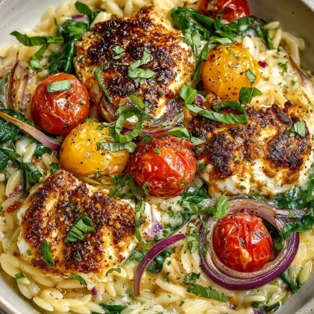 Golden Baked Feta Orzo with Spinach, bubbly and fragrant, ready for a weeknight dinner.
