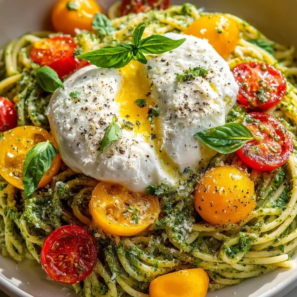 Close-up enticing shot of creamy Pesto Pasta with Burrata, garnished with basil and tomatoes.