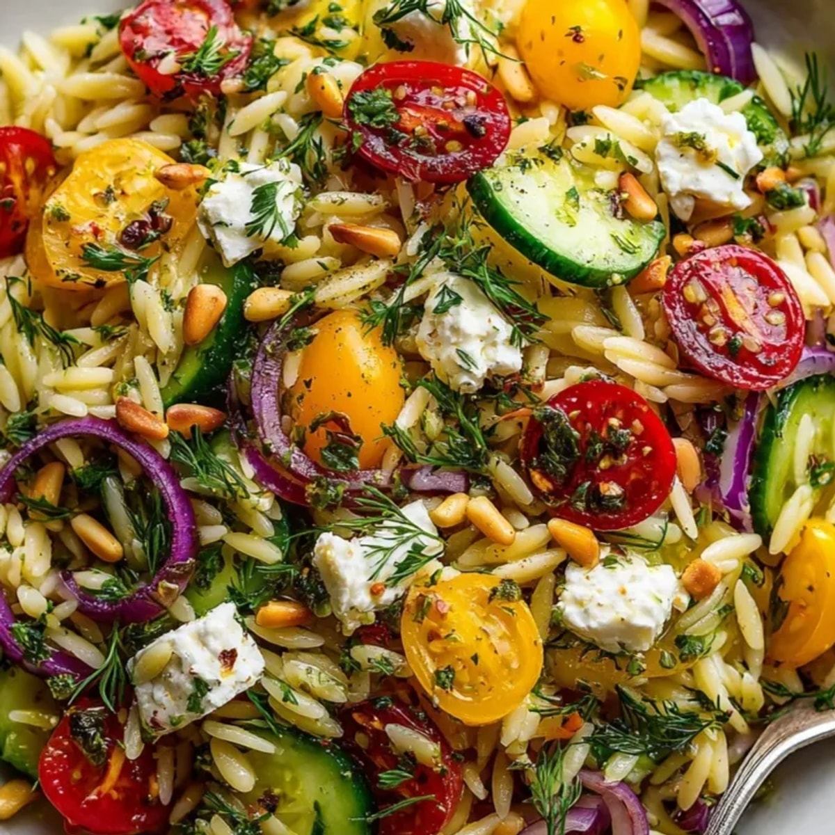 Close-up of Lemon Herb Orzo Salad, glistening with olive oil and bright lemon zest.