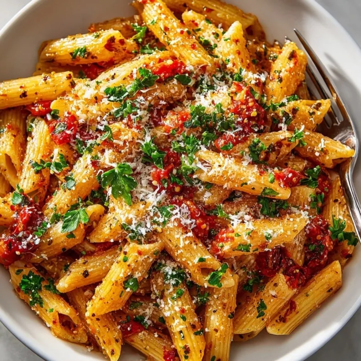 Close-up of vibrant Spicy Arrabbiata Pasta, steam rising, garnished with fresh parsley.