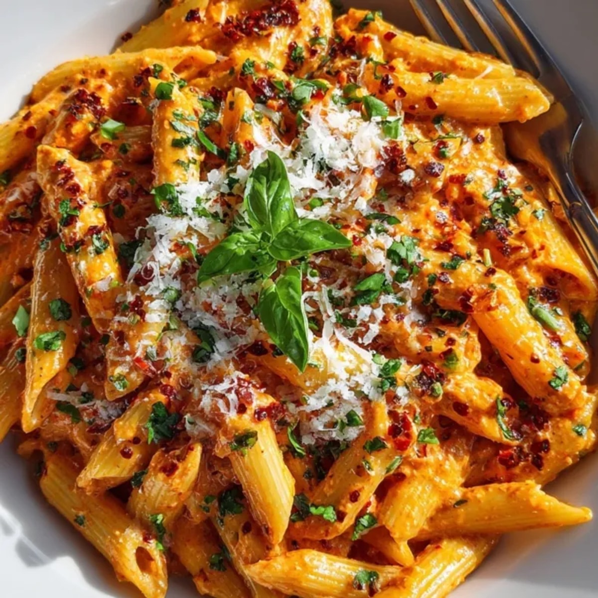 Close-up of Gigi Hadid’s spicy vodka pasta, a creamy, comforting dish ready to eat.