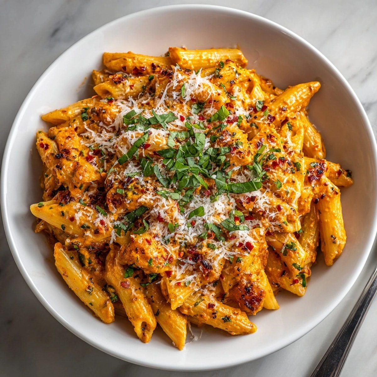 A plate of Gigi Hadid's Spicy Vodka Pasta, topped with fresh basil and grated parmesan.