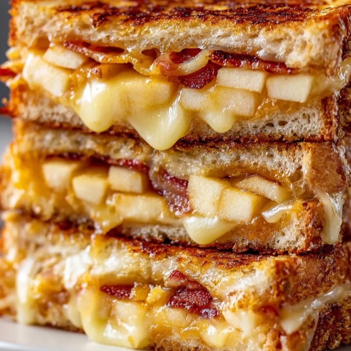 Golden Apple Cheddar Bacon Grilled Cheese, oozing with sharp cheddar and sweet apple slices.
