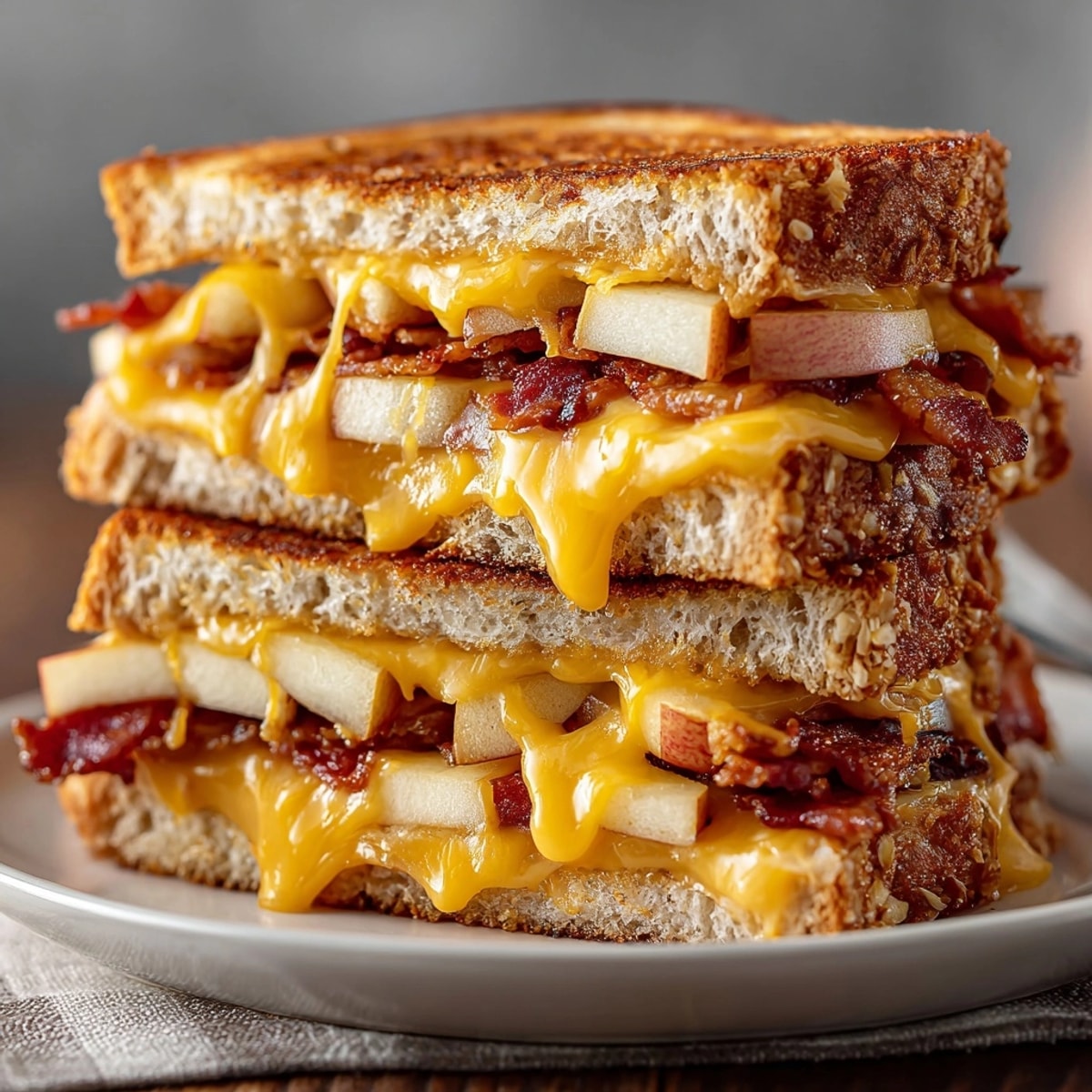 Imagine a warm Apple Cheddar Bacon Grilled Cheese with sourdough, sharp cheese and apples.